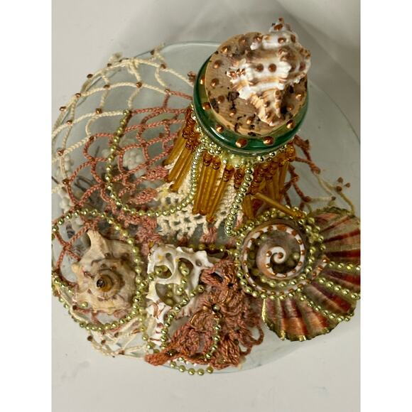 Elegant Beach Decor Glass Bottle Artisan Shell Netting Beaded Gold Ivory 10" - Picture 4 of 6